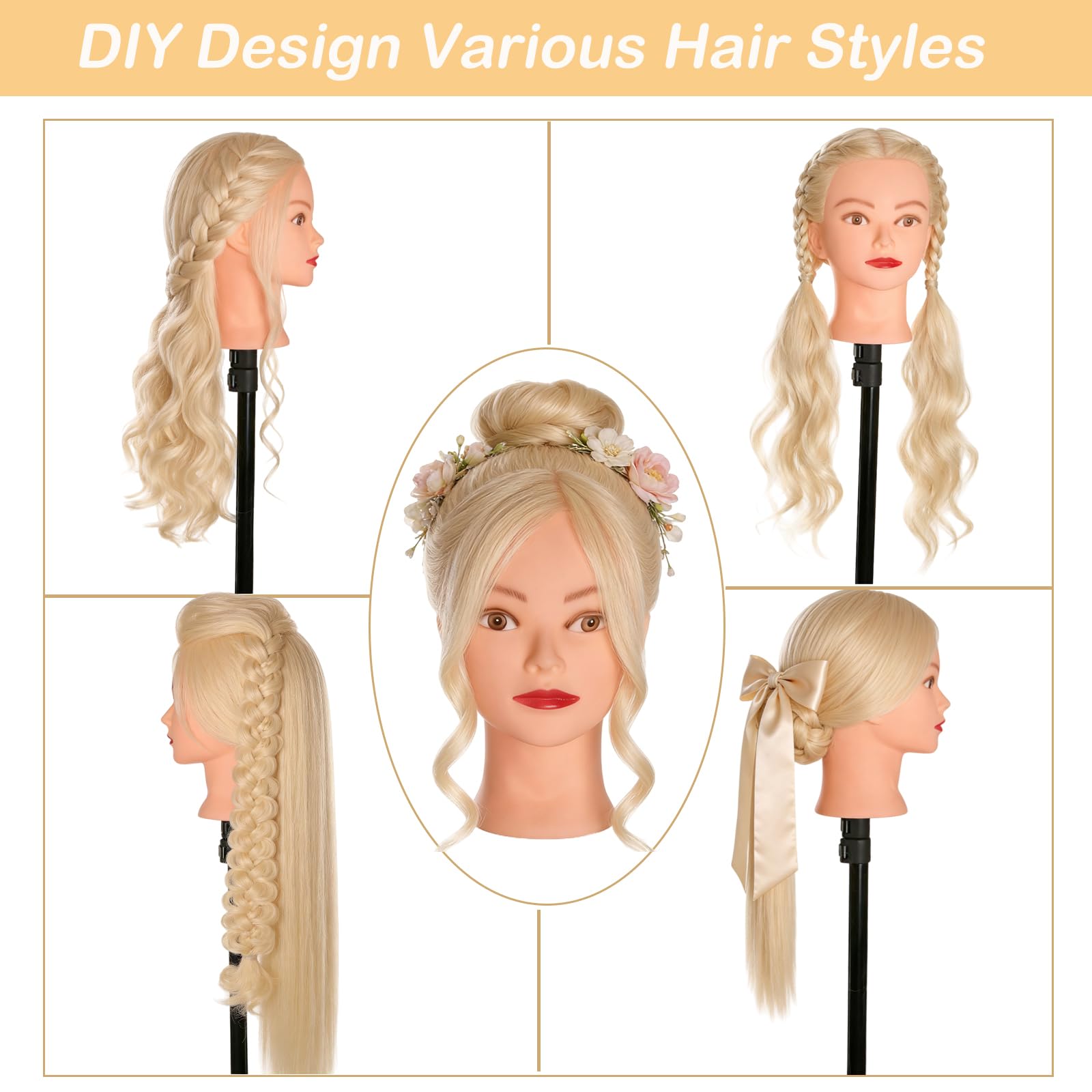 Beauty Star mannequin head with clamp stand shows stable hair-training setup for braiding.
