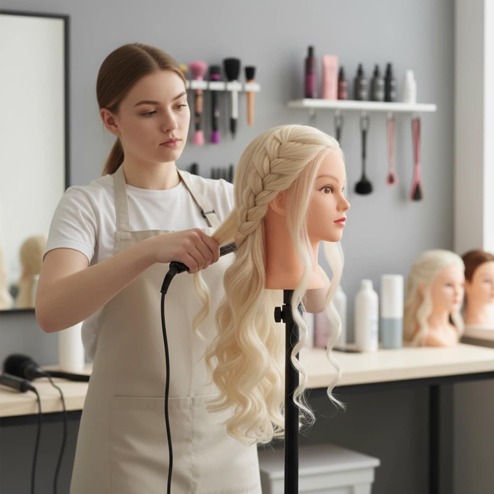 Beauty Star mannequin head for dyeing and bleaching practice simulating salon color sessions.
