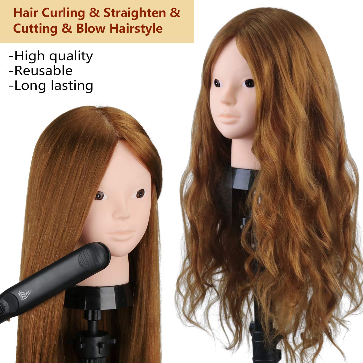 Beauty Star mannequin head supports makeup practice with lifelike hair texture.
