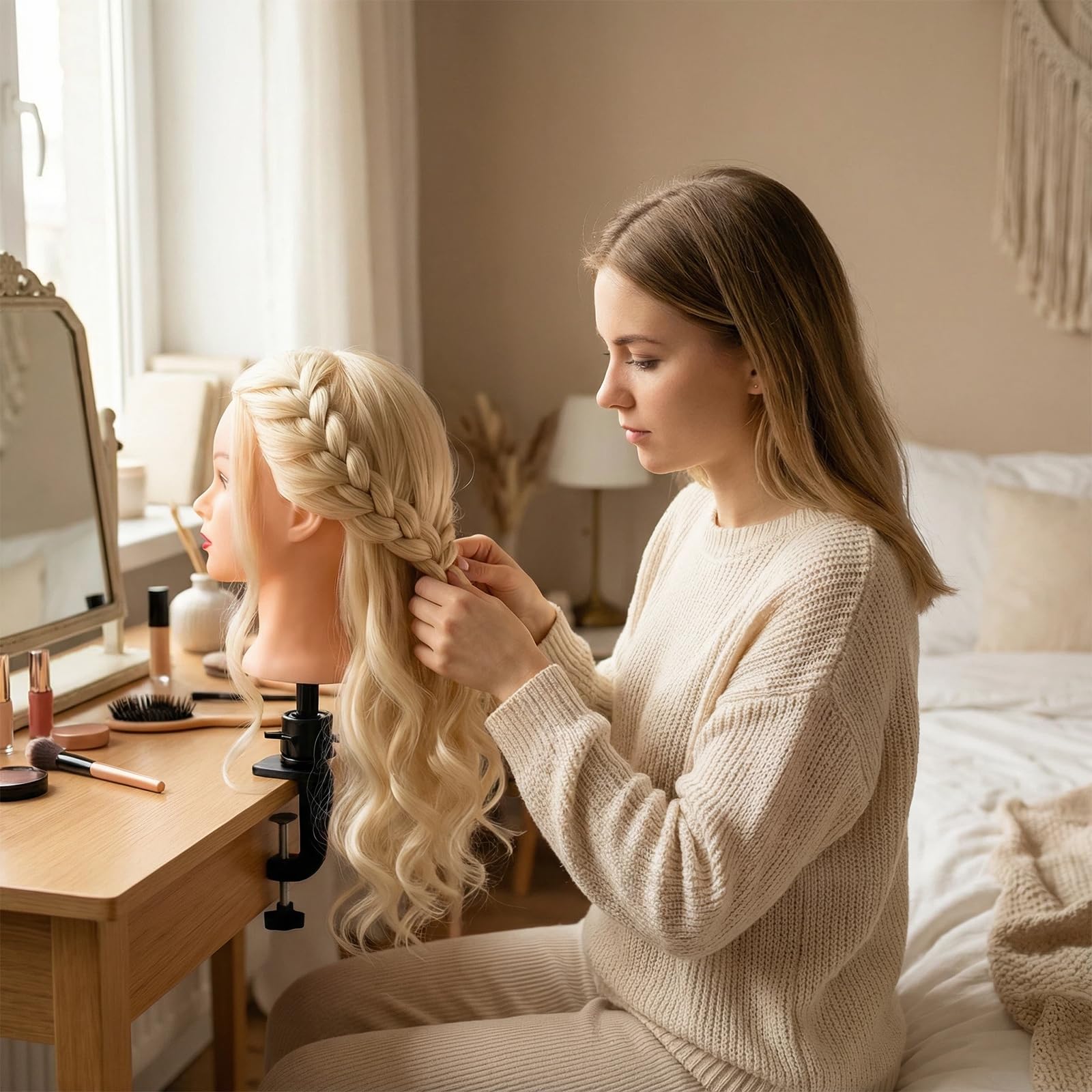 Beauty Star head for straightening and curling practice with heat-styling capable hair.