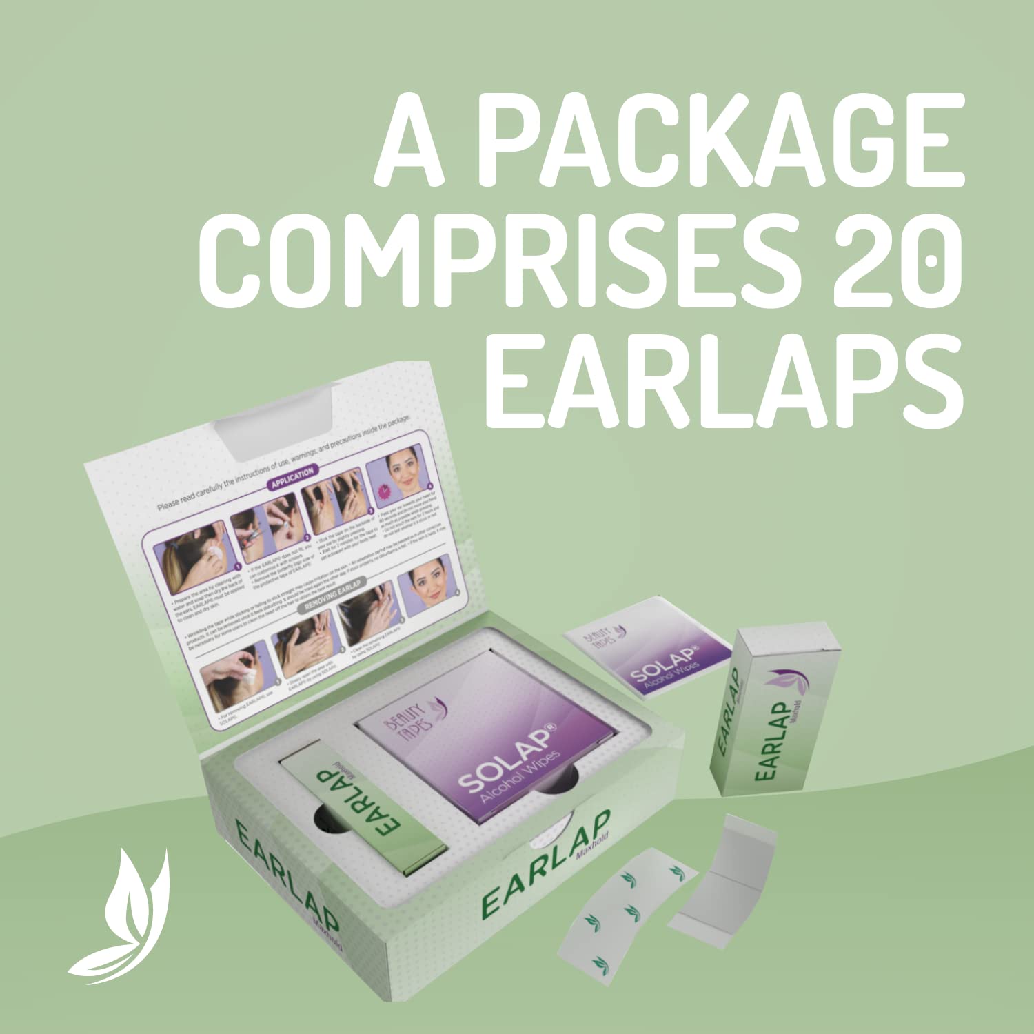 Beauty Tapes EARLAP MaxHold adhesive application demonstrates easy four-step placement for quick wear.