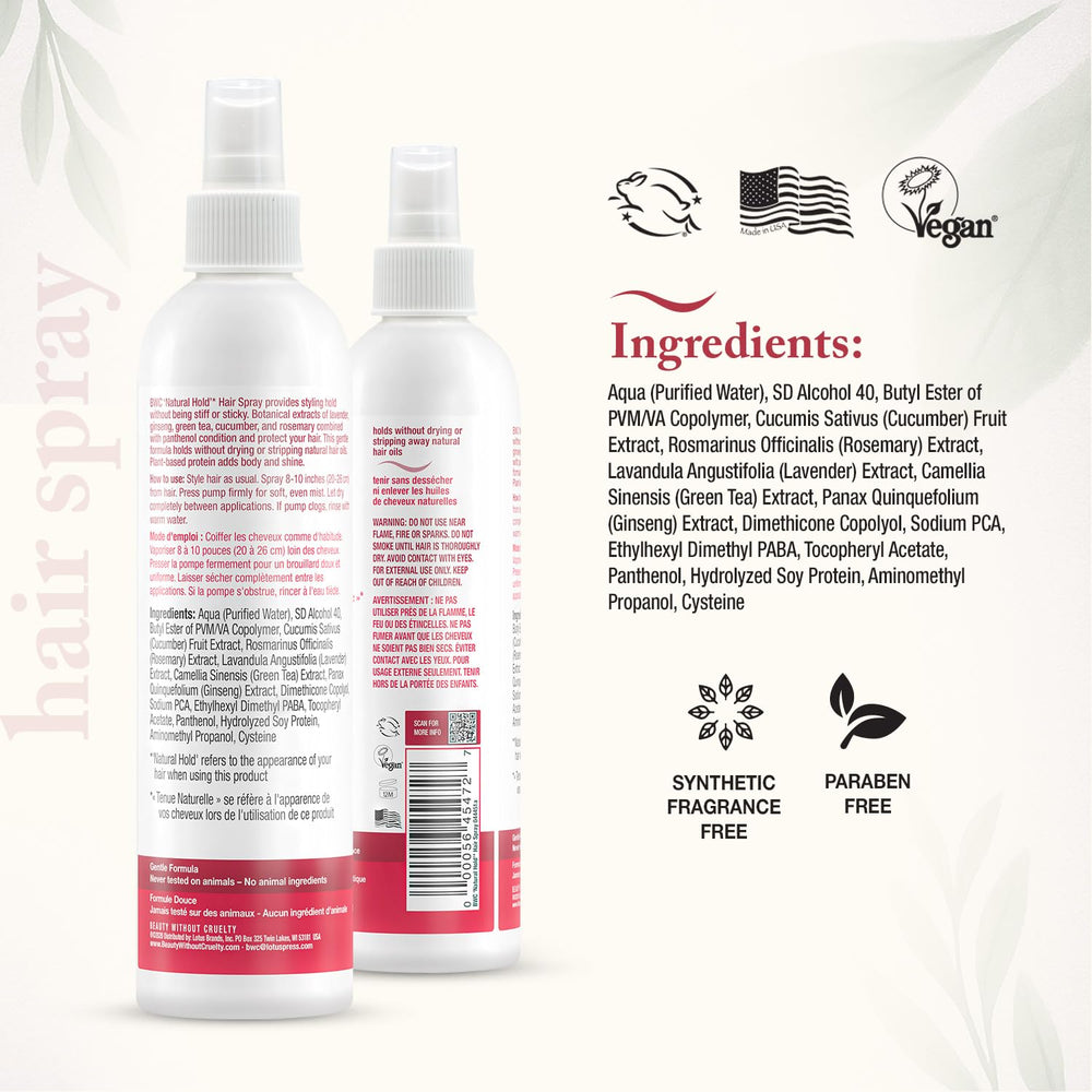 Beauty Without Cruelty Natural Hold mist demonstrates frizz control and humidity defense.