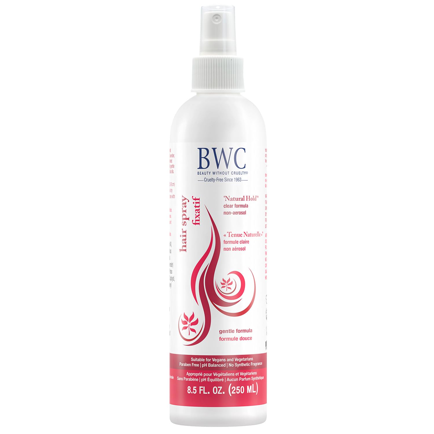 Beauty Without Cruelty Natural Hold spray bottle shows long-lasting, flexible hold.