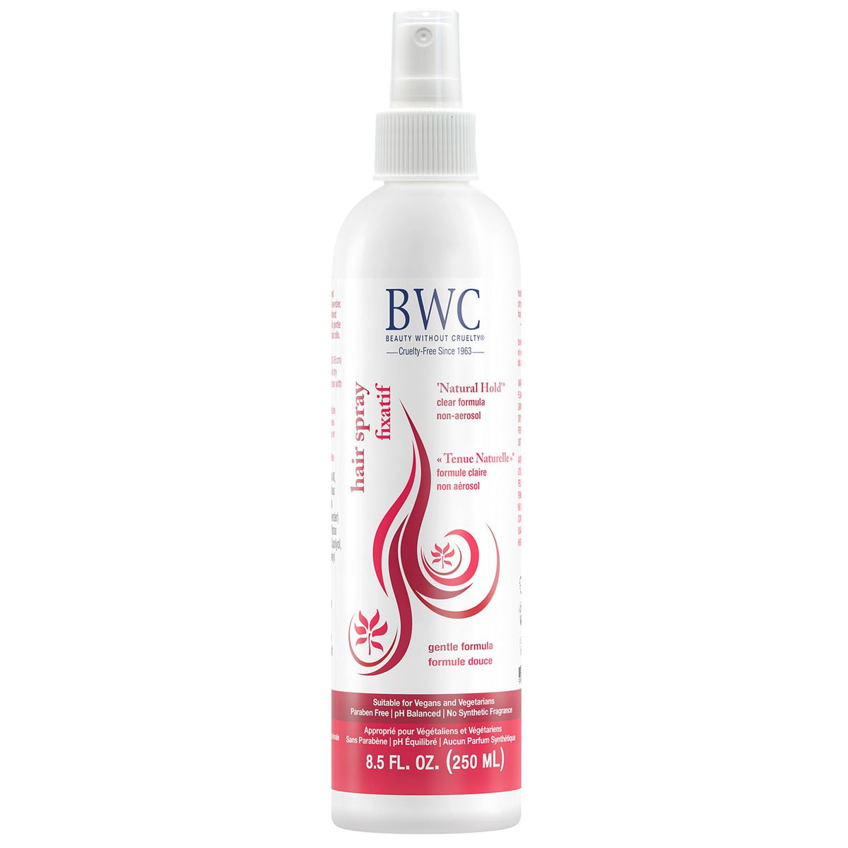 Beauty Without Cruelty Natural Hold spray bottle shows long-lasting, flexible hold.
