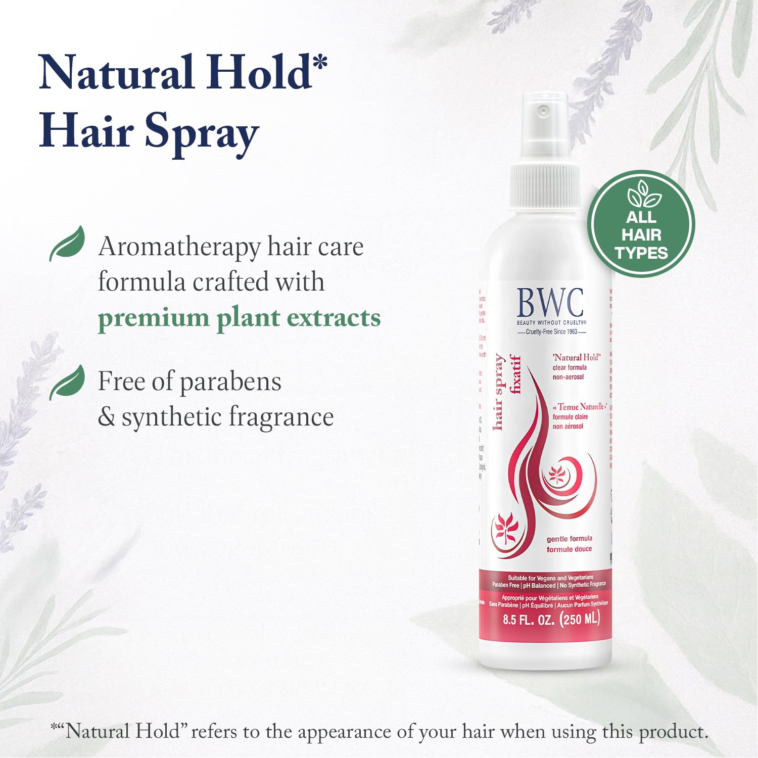 Beauty Without Cruelty Natural Hold being sprayed for smooth, touchable hair.