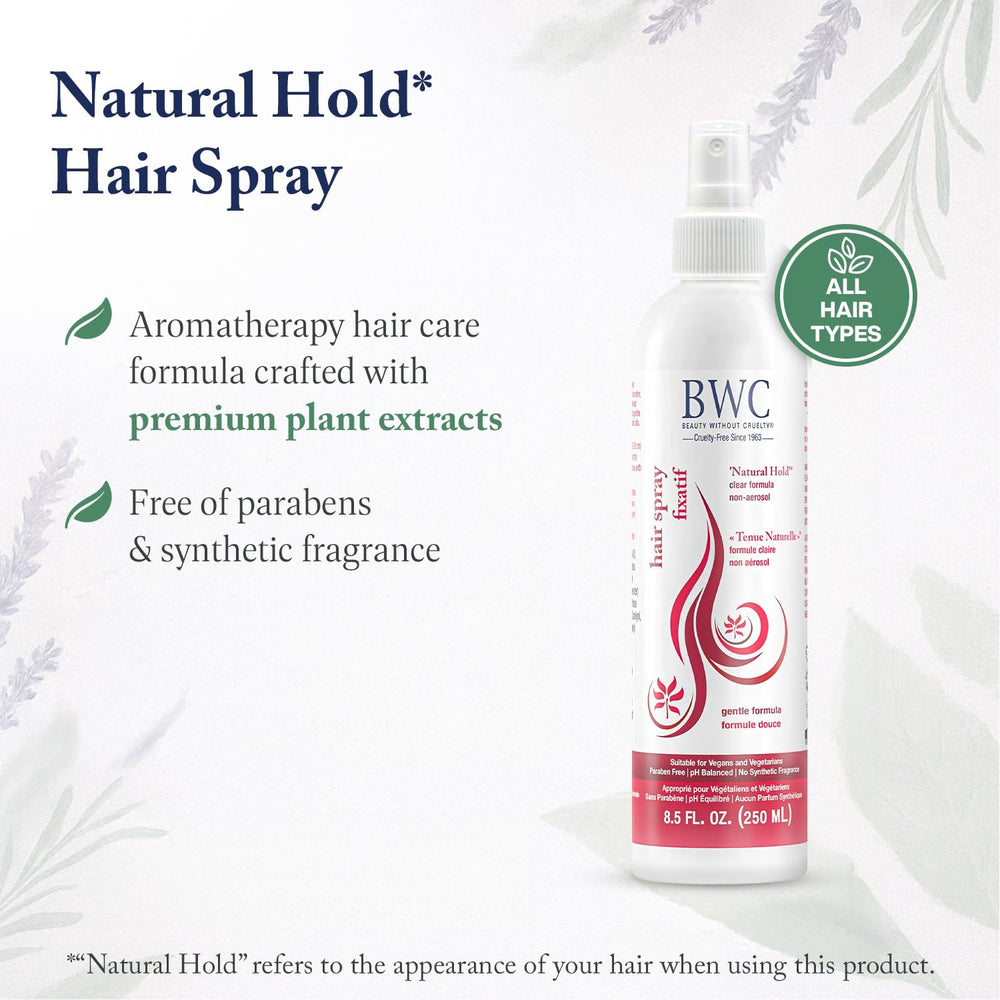 Beauty Without Cruelty Natural Hold being sprayed for smooth, touchable hair.