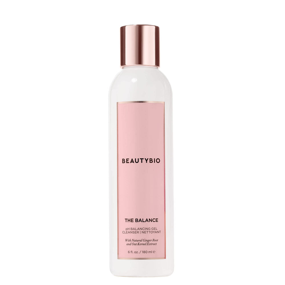 BeautyBio Balance cleanser bottle demonstrates gentle, pH balanced daily cleansing that respects moisture