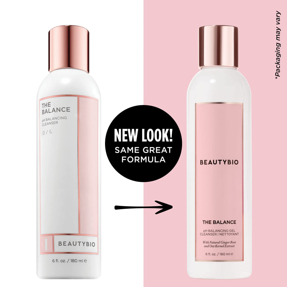 BeautyBio Balance no scent 6oz bottle on sink demonstrates fragrance-free skincare routine