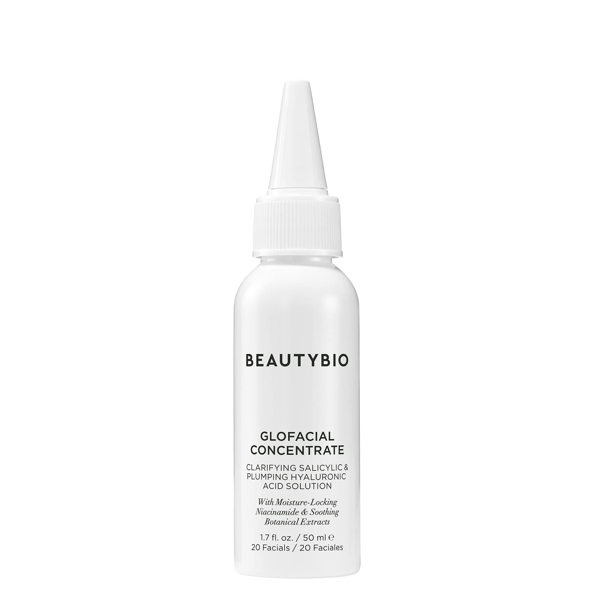 BeautyBio GLOfacial concentrate bottle close-up showing clarifying hydration for smoother, radiant skin.