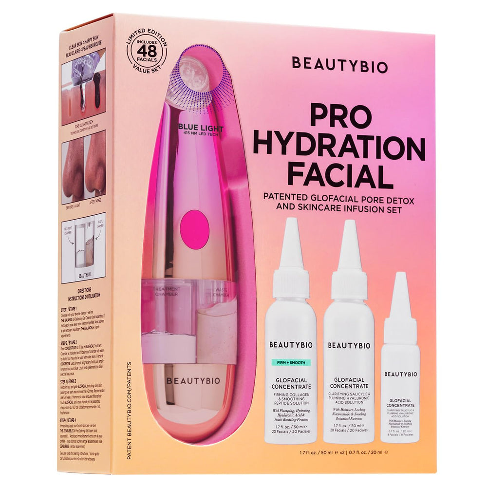 BeautyBio GLOfacial device performs vortex extraction to refine pores and skin texture.