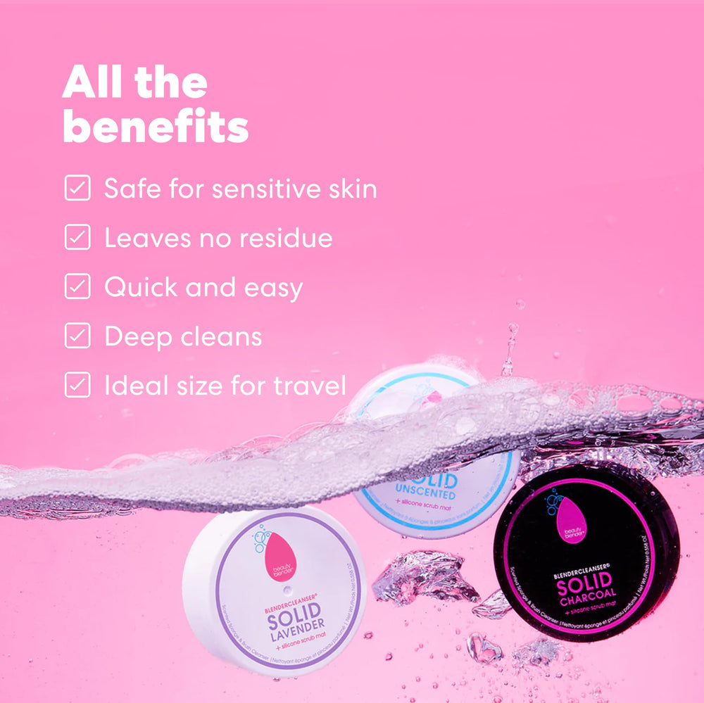 Beautyblender Blendercleanser Solid Lavender Bar features a natural exfoliant to lift grime.