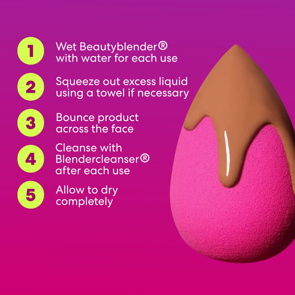 Beautyblender original pink makeup sponge used with foundation for quick blends