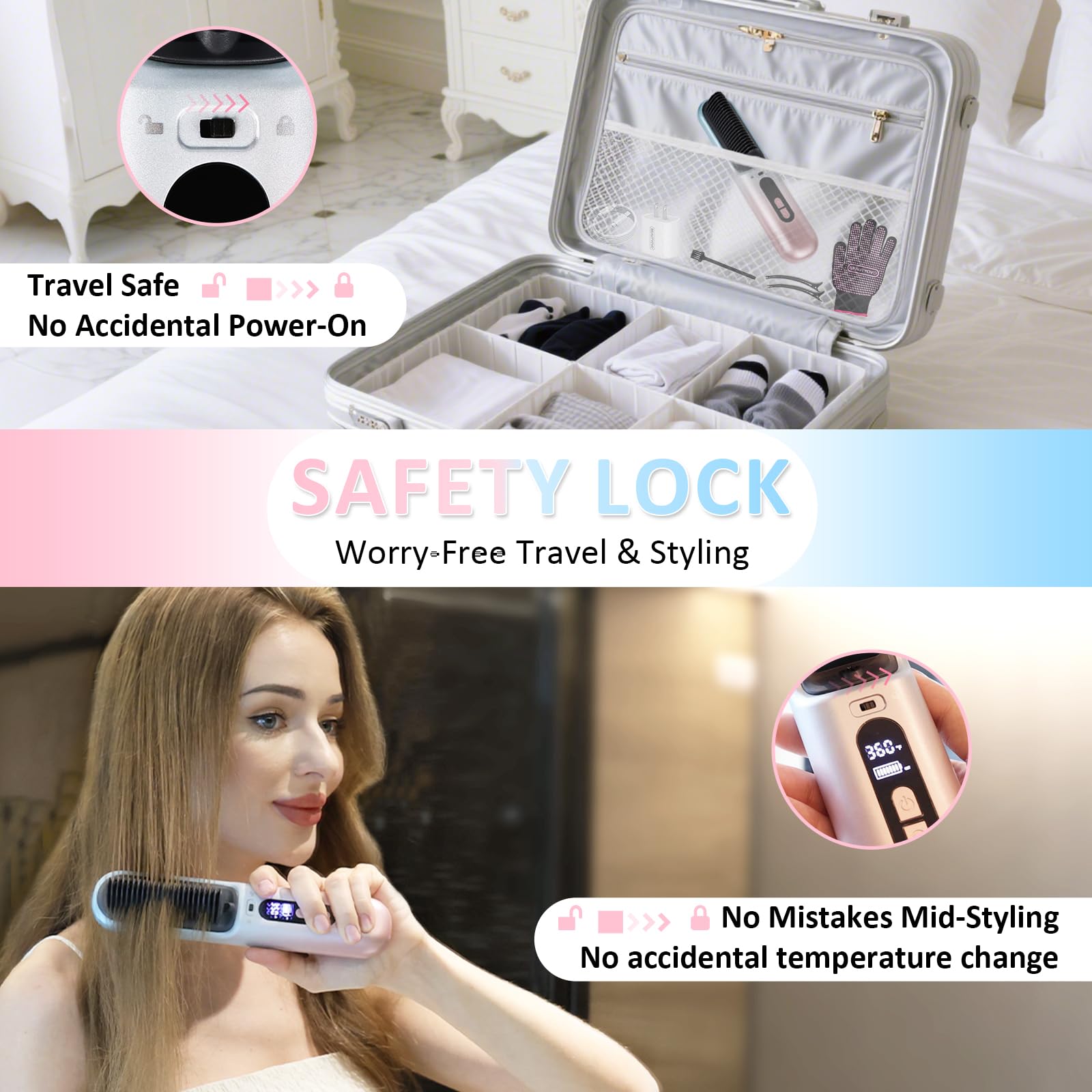 BEAUTYOVO cordless straightener in hotel bathroom demonstrates cord-free styling anywhere.