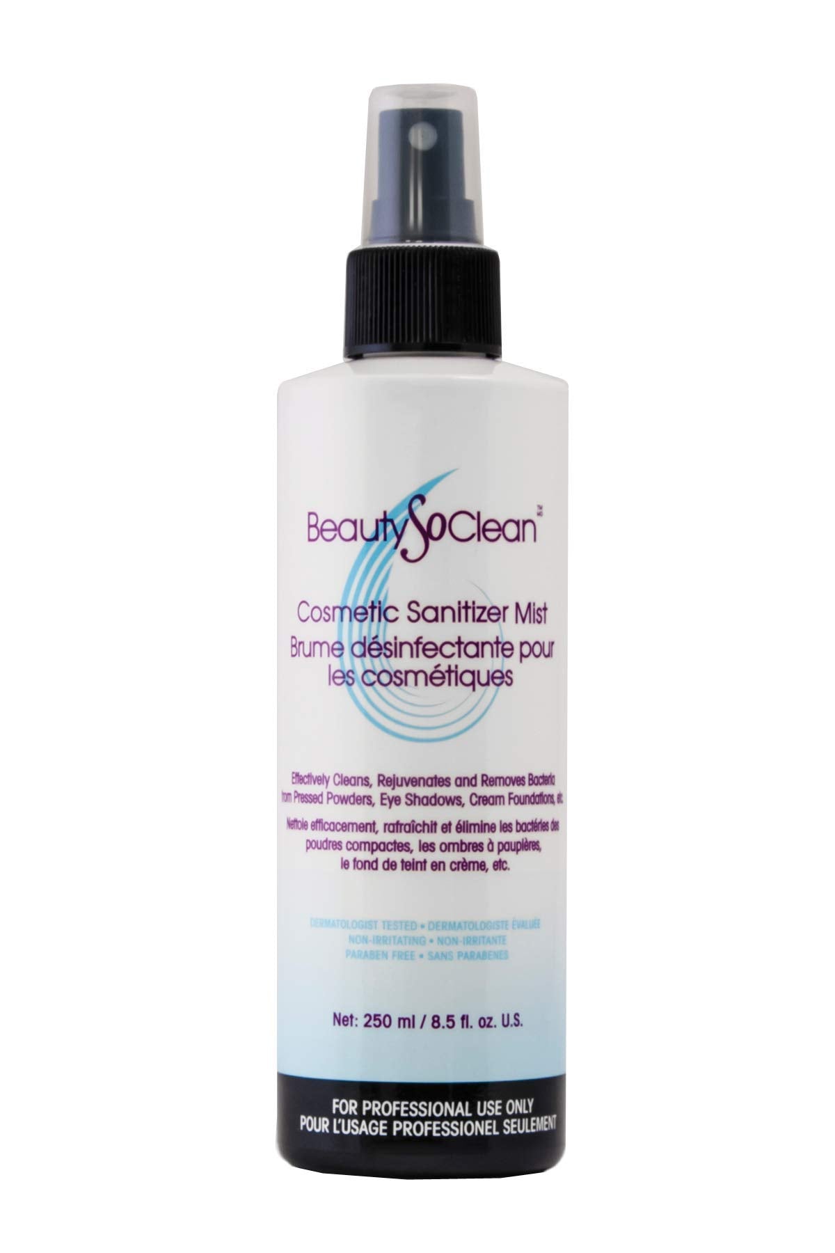 Beautysoclean cosmetic sanitizer mist bottle for quick on-the-go makeup surface protection.