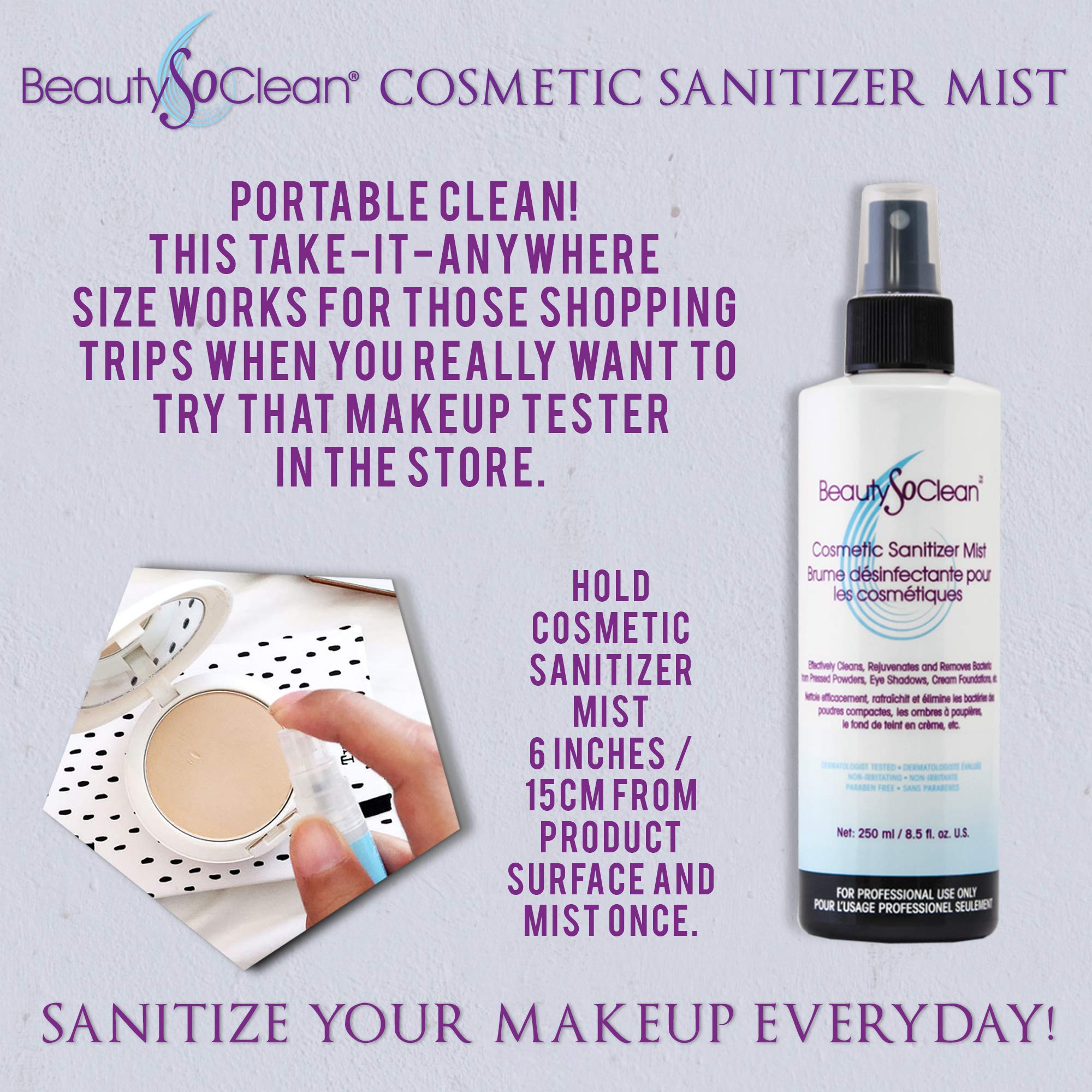 Beautysoclean eyeshadow palette sanitizer spray protects pigment surfaces during makeup sessions.