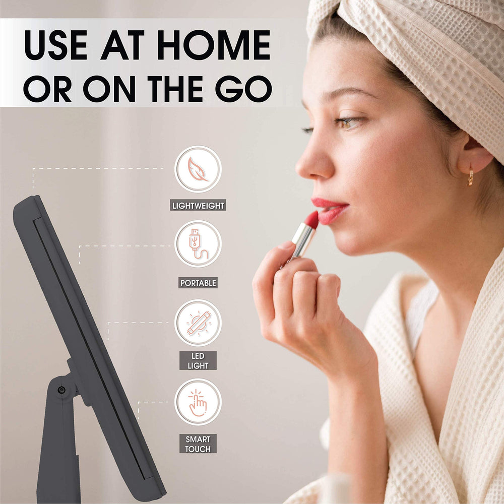 Beautyworks portable mirror powered by USB or AAA batteries for travel
