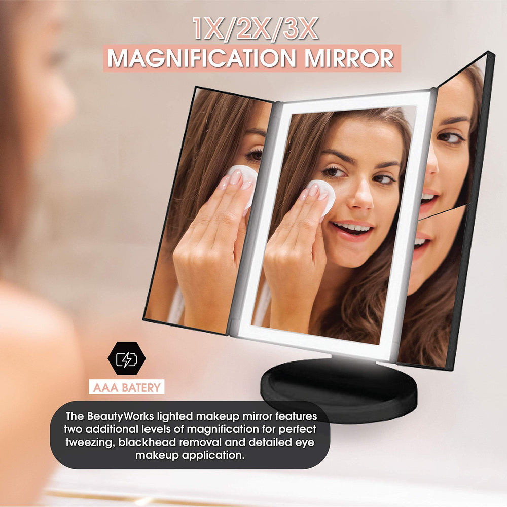 Beautyworks tri-fold compact design suitable for vanity or travel