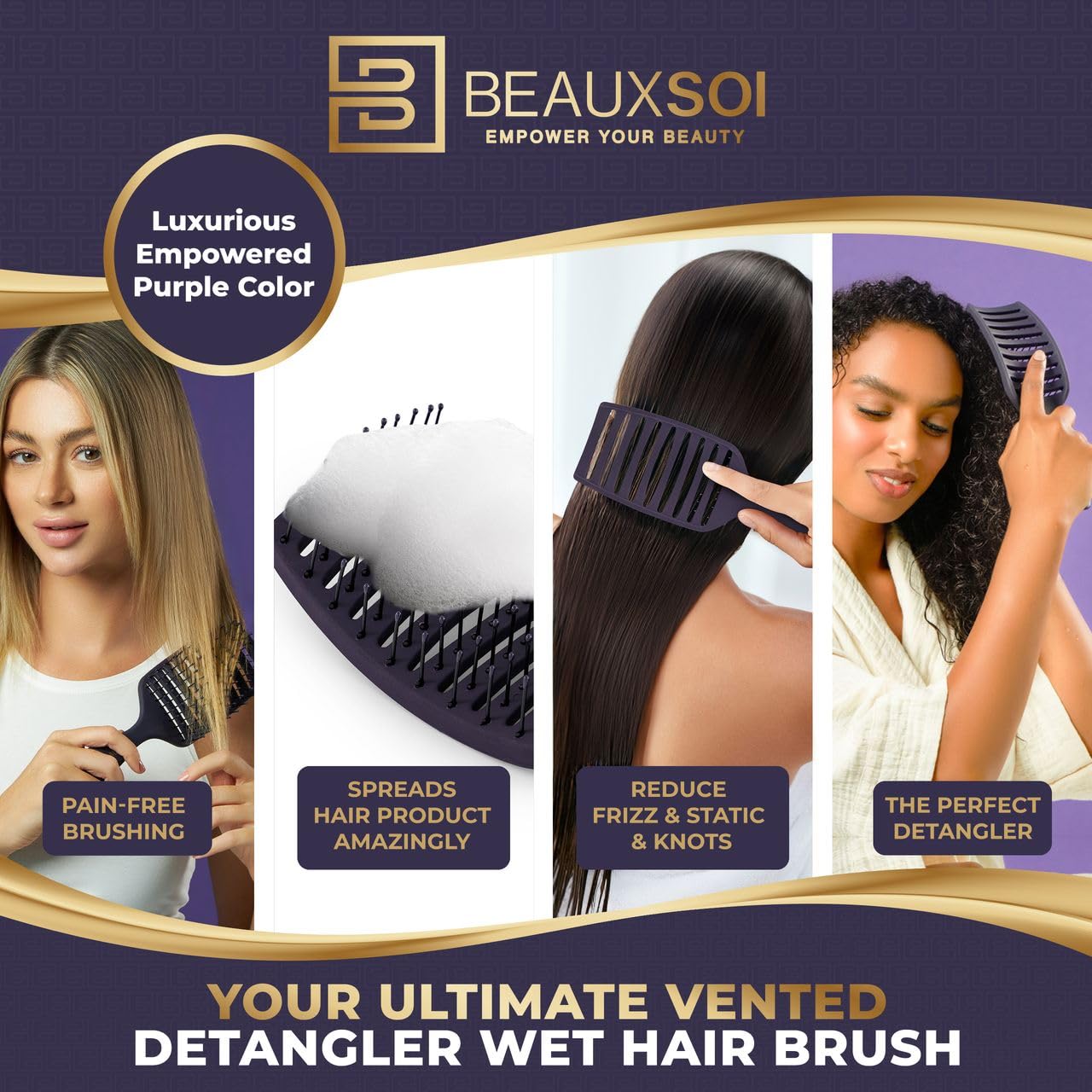 BEAUXSOI detangling brush suitable for all hair types including curly and thick.