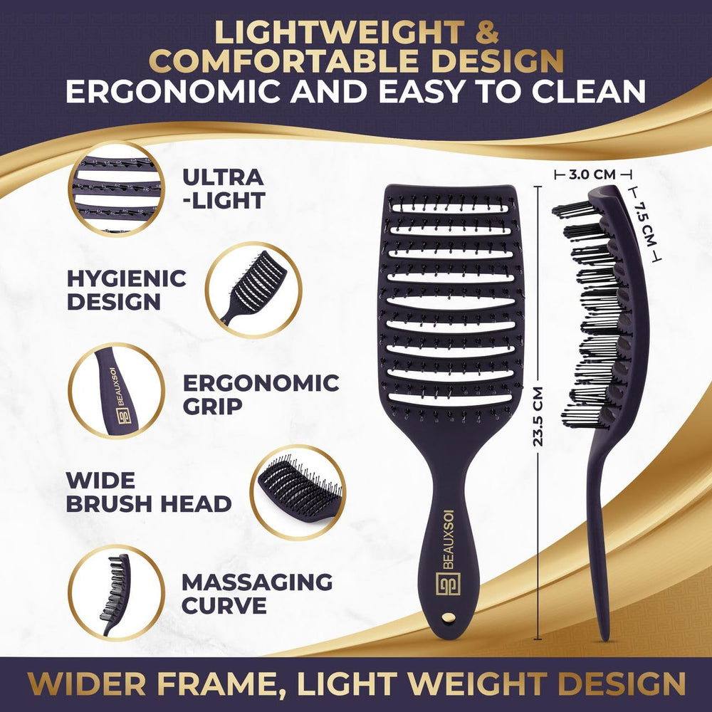 BEAUXSOI vented detangling brush on dry hair eases styling with reduced breakage.