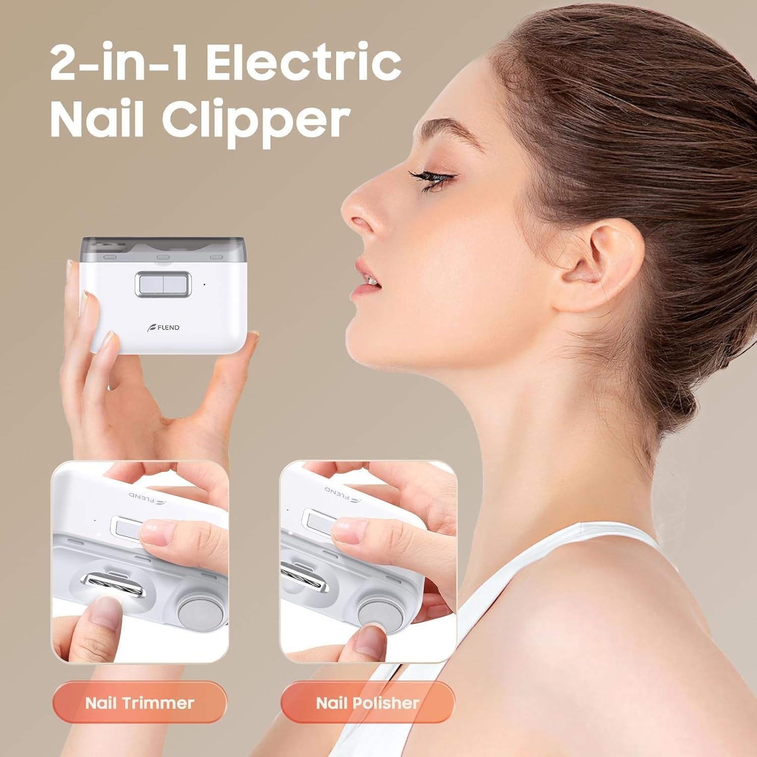 BEAUZMO electric nail clipper side view highlights 2-speed options for gentle or thorough trims.