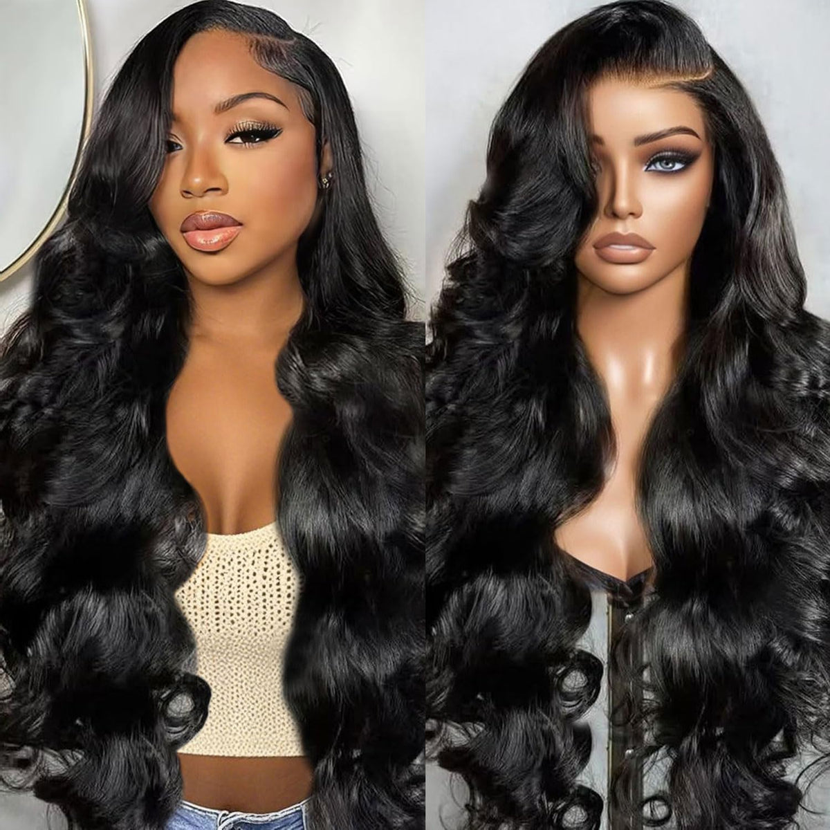 BeCools 30-inch body wave wig close-up of HD lace for a natural hairline.