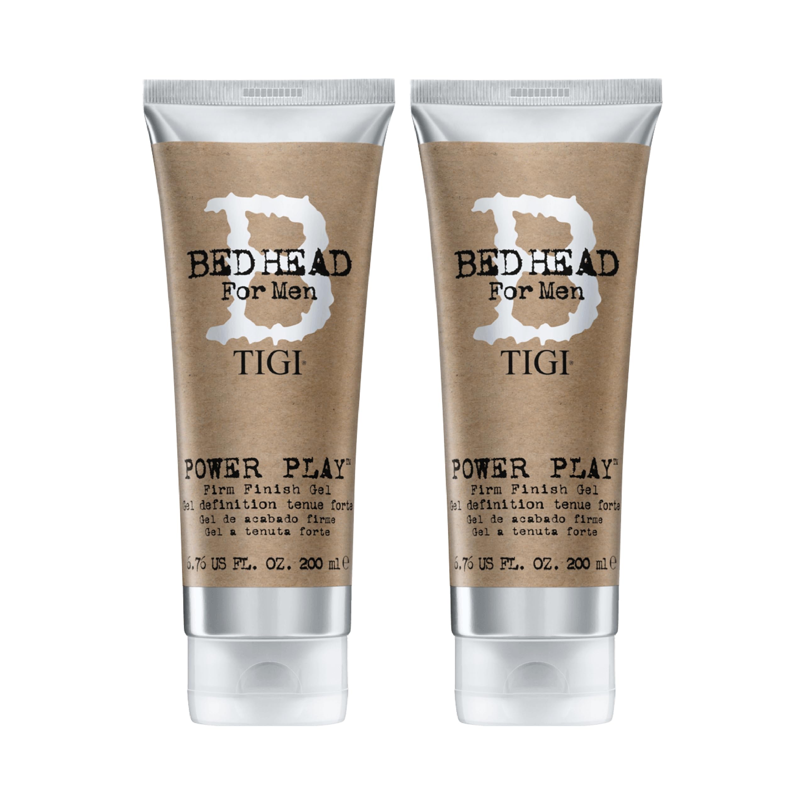 Bed Head for Men Power Play gel bottle shows firm hold with anti-frizz shine