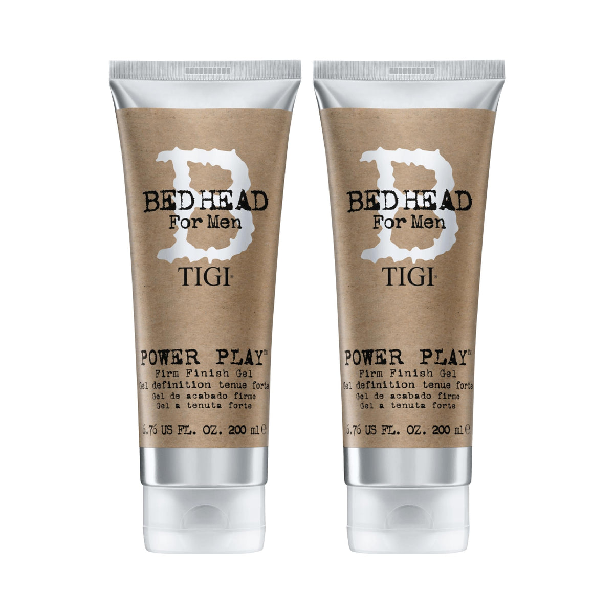 Bed Head for Men Power Play gel bottle shows firm hold with anti-frizz shine