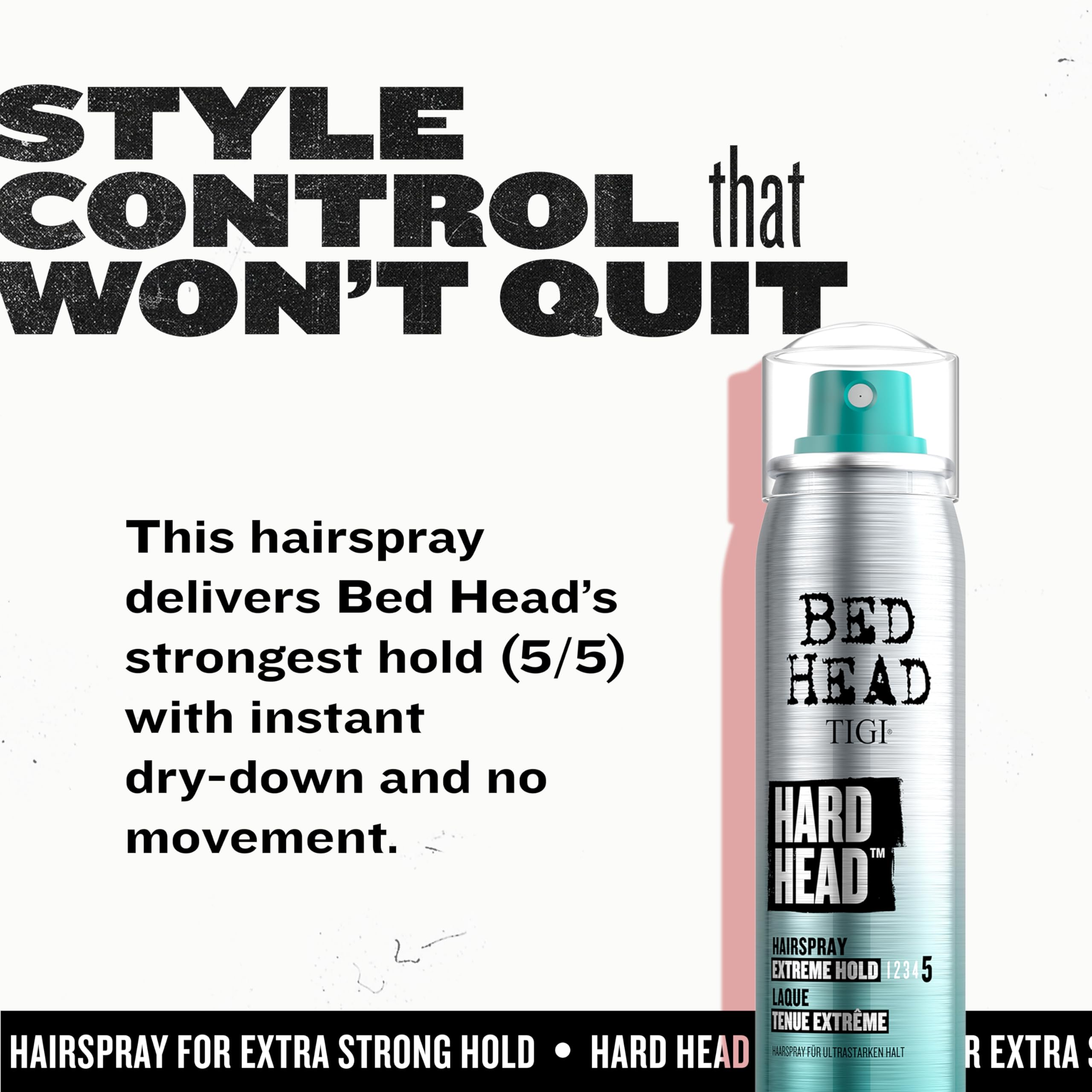 Bed Head Hard Head hairspray image suggests humidity-resistant styling for resilient looks.