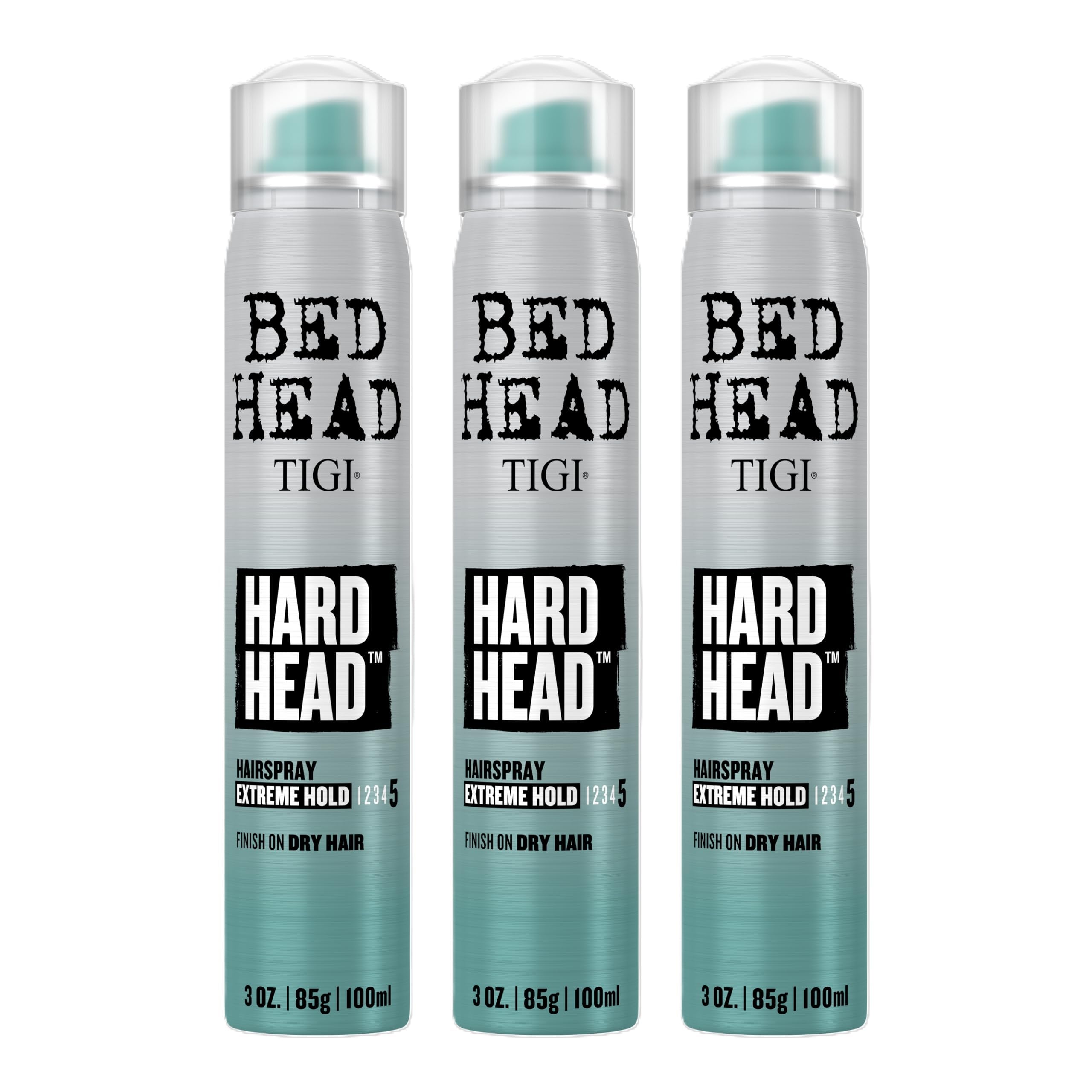 Bed Head Hard Head Hairspray bottle shows extreme hold for on-the-go styling.