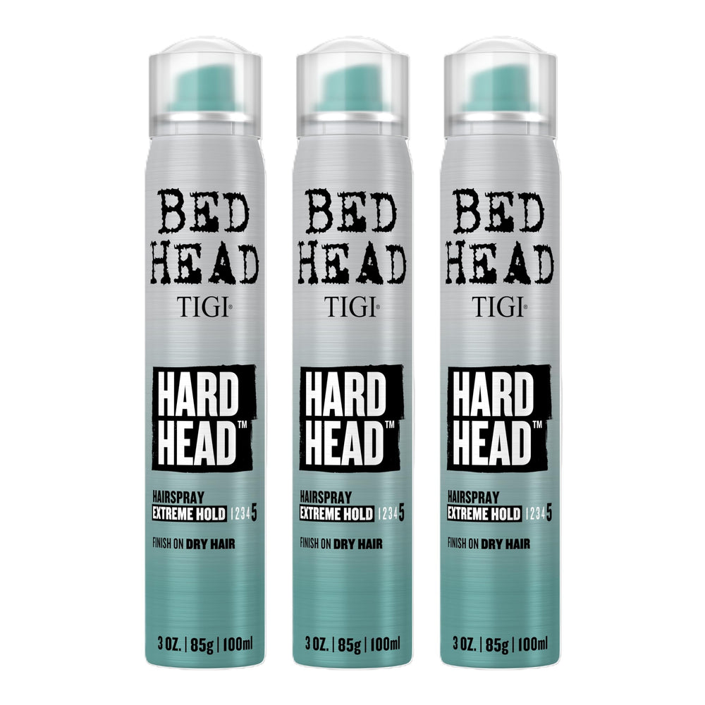 Bed Head Hard Head Hairspray bottle shows extreme hold for on-the-go styling.