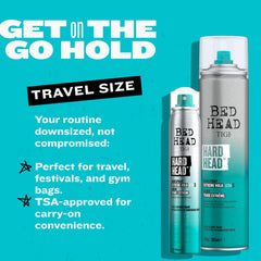 Bed Head Hard Head hairspray natural shine finish visible on styled hair.