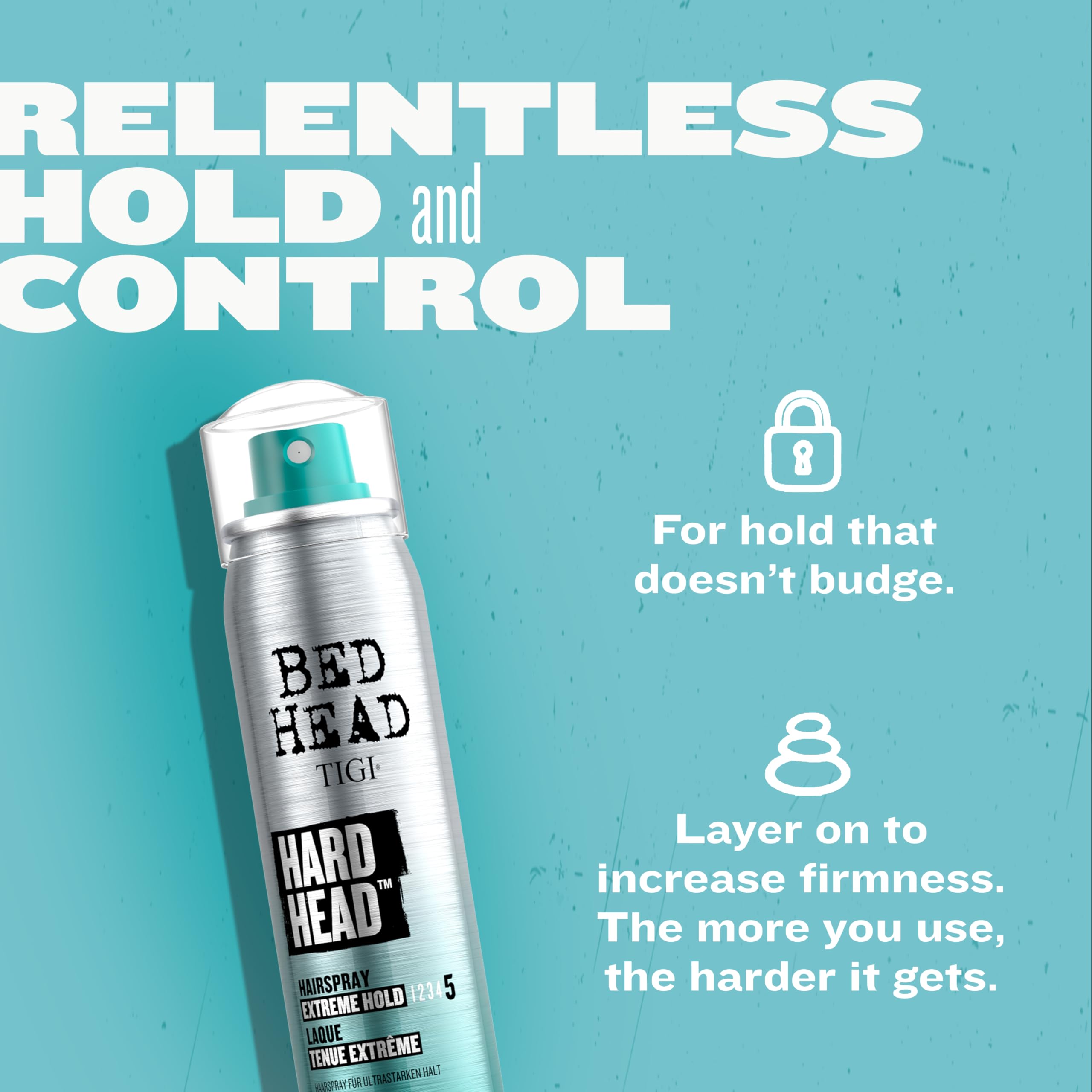 Bed Head Hard Head hairspray mist for on-the-go hold during daily activities.