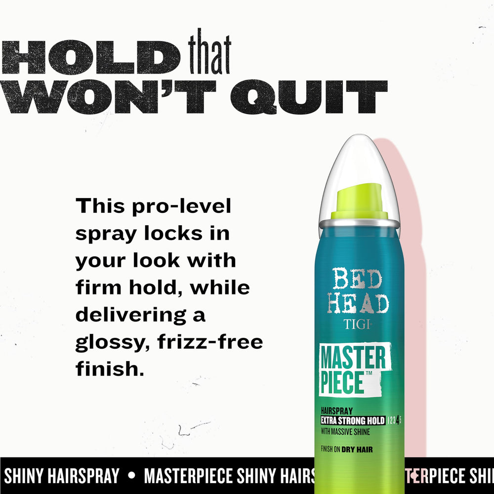 Bed Head Masterpiece hairspray 2oz packaging for travel or home use.