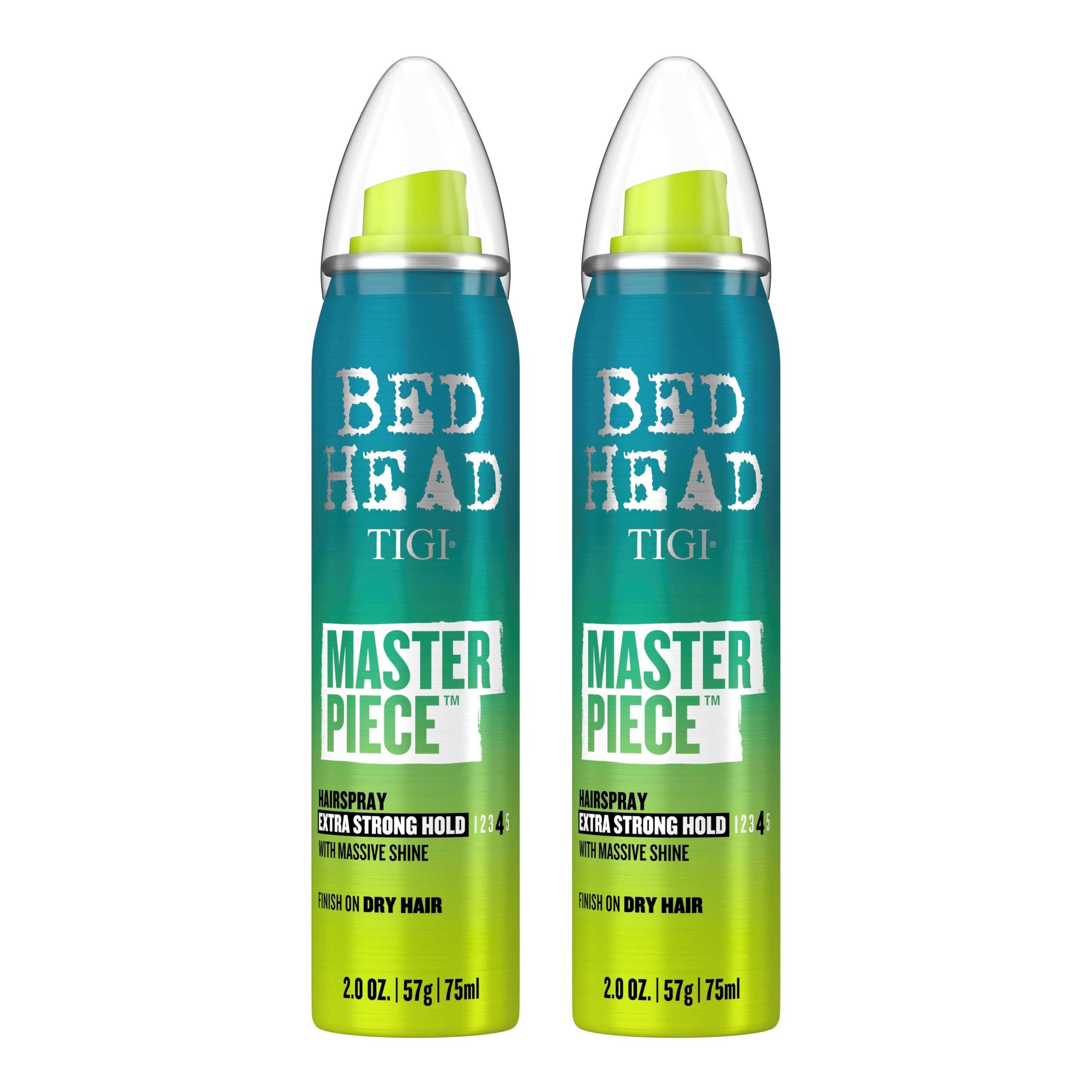 Bed Head Masterpiece hairspray bottle angled to show strong hold and shine.