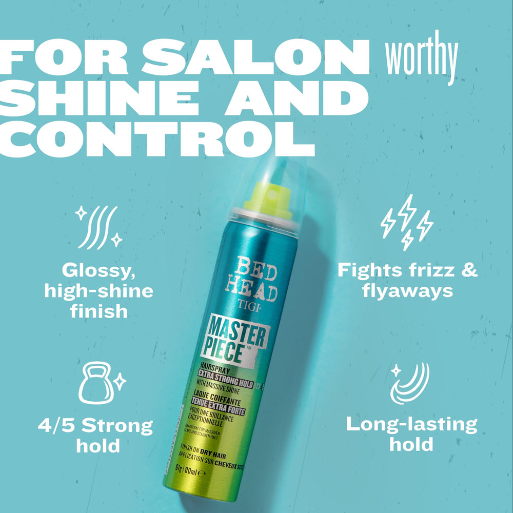 Bed Head Masterpiece hairspray tropical fragrance during styling session.