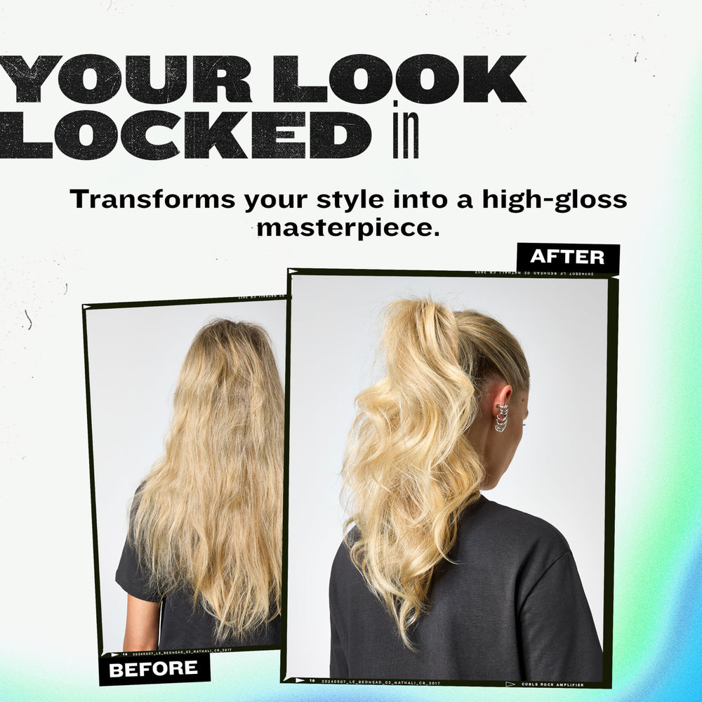 Bed Head Masterpiece hairspray close-up highlighting glossy finish on hair.