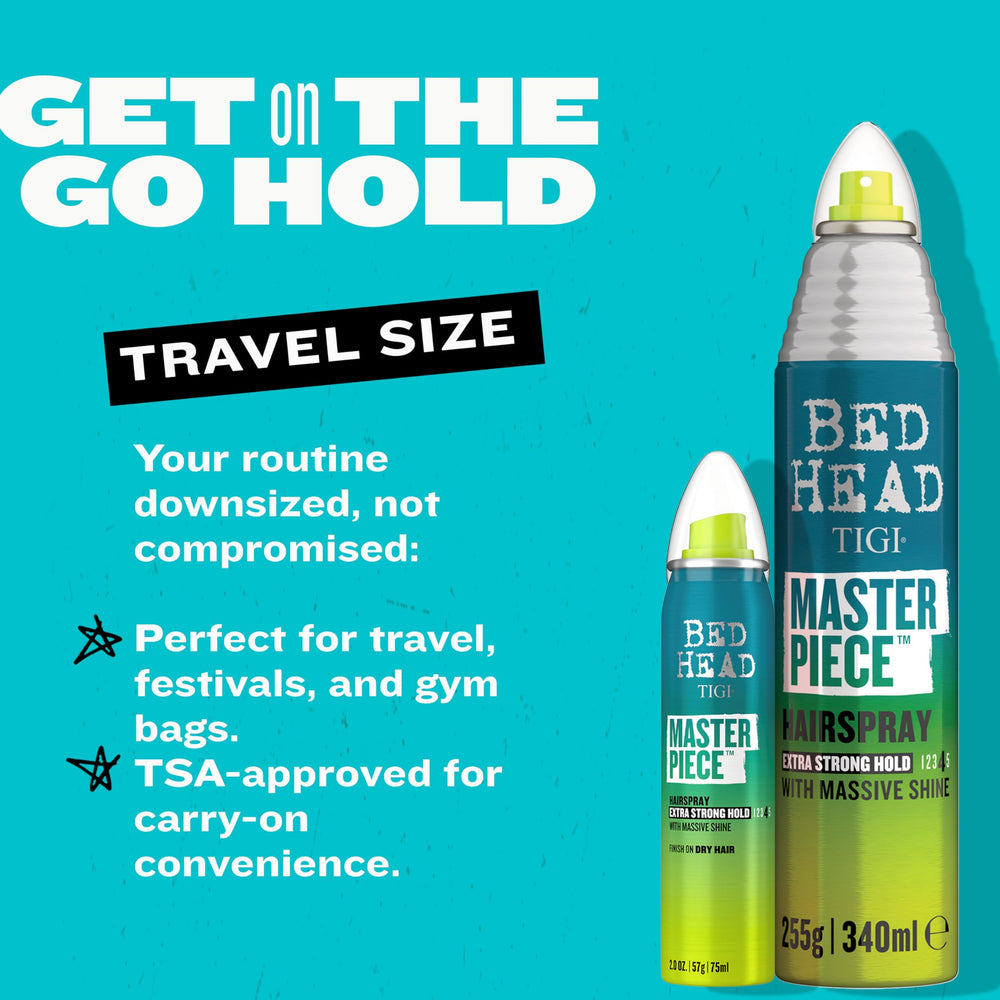 Bed Head Masterpiece hairspray spray mist delivering hold and definition.