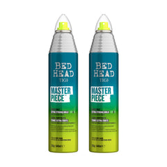 Bed Head Masterpiece Massive Shine hairspray bottle in a two-pack for long-lasting gloss.