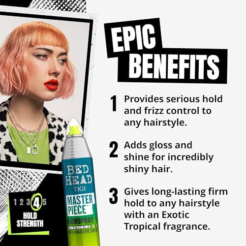 Bed Head Masterpiece Massive Shine hairspray spray mist for even hold and high-gloss finish.