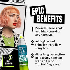Bed Head Masterpiece Massive Shine hairspray spray mist for even hold and high-gloss finish.