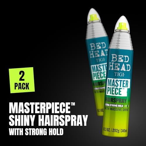 Bed Head Masterpiece Massive Shine hairspray brand label highlights USA-made quality.