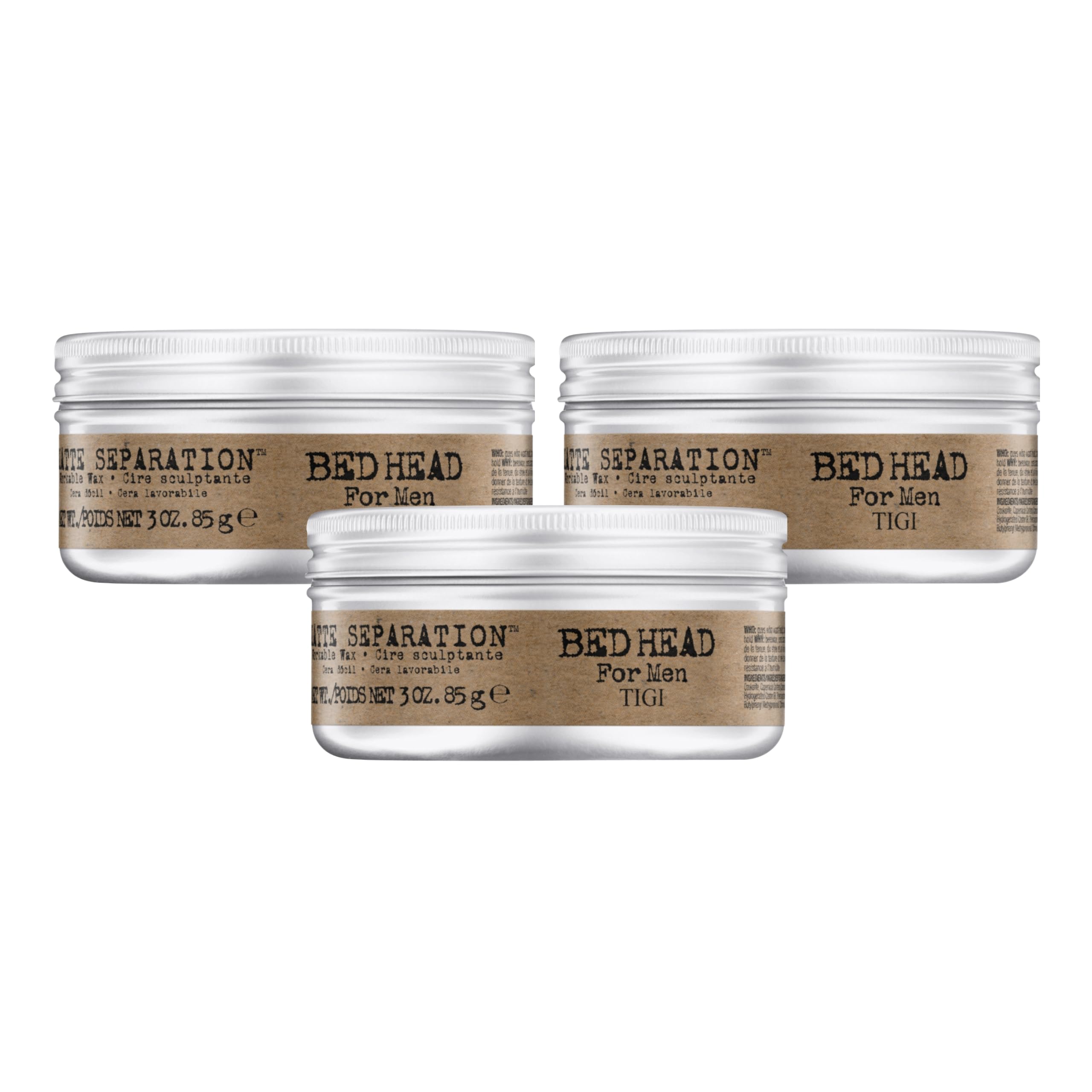 Bed Head Matte Separation Wax three-pack for all-day matte hold.
