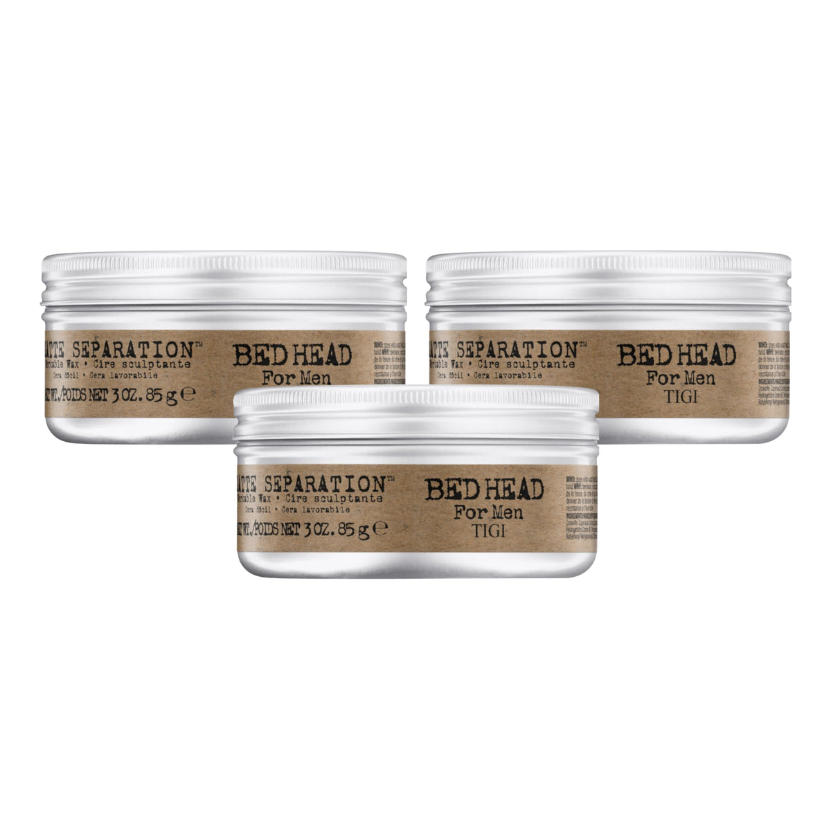 Bed Head Matte Separation Wax three-pack for all-day matte hold.