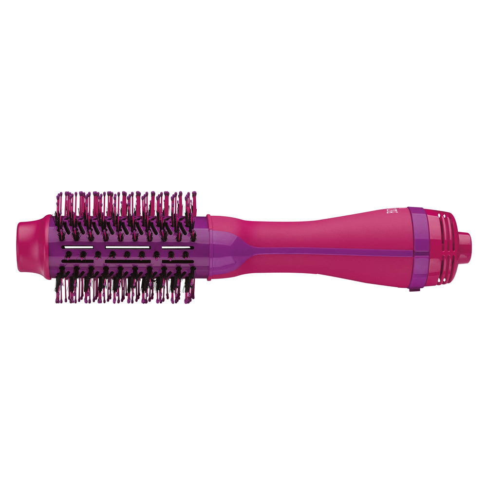 Bed Head One Step Volume Dryer pink brush close-up highlights detangling bristles for smoother styling.