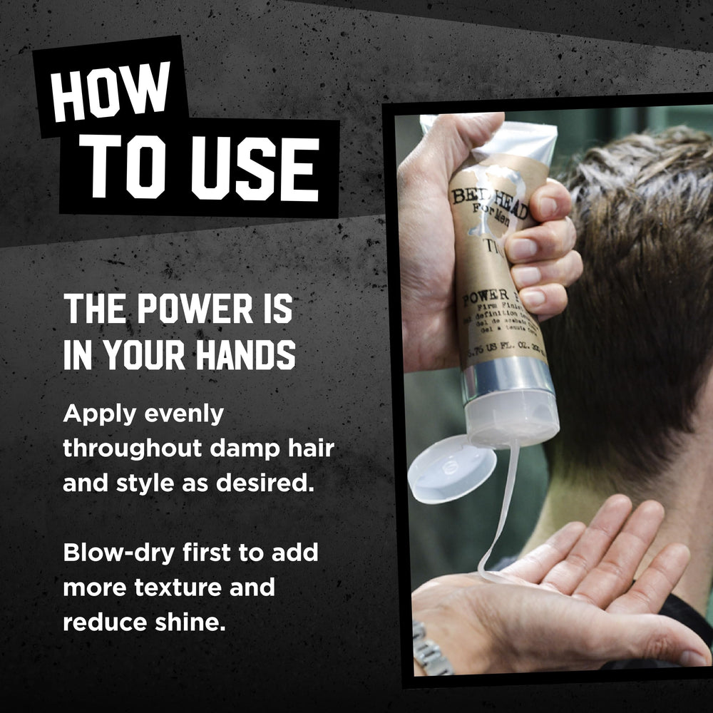 Bed Head for Men Power Play gel on styled hair demonstrates bold texture