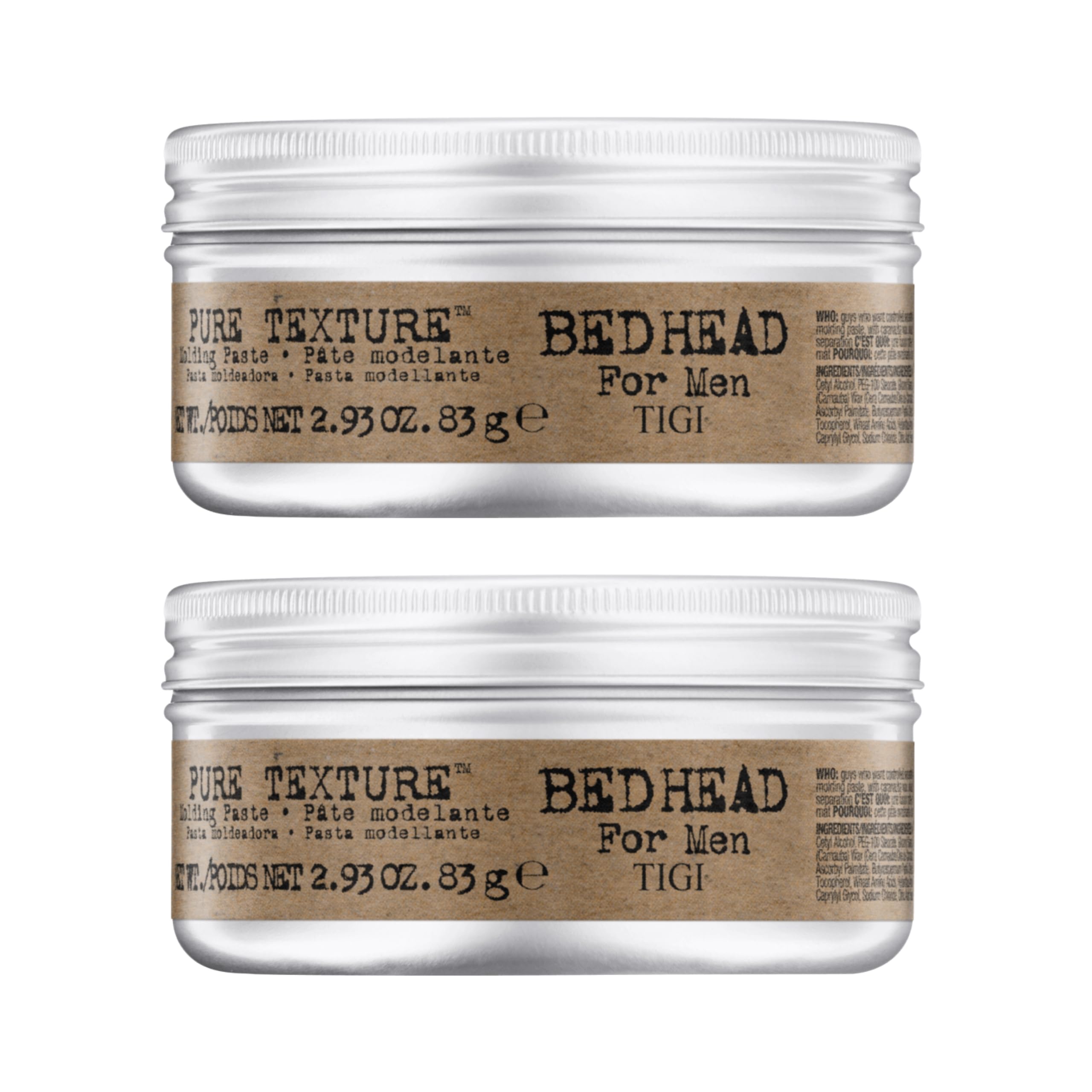 Bed Head Pure Texture Molding Paste pack closeup showing matte finish and texture control.