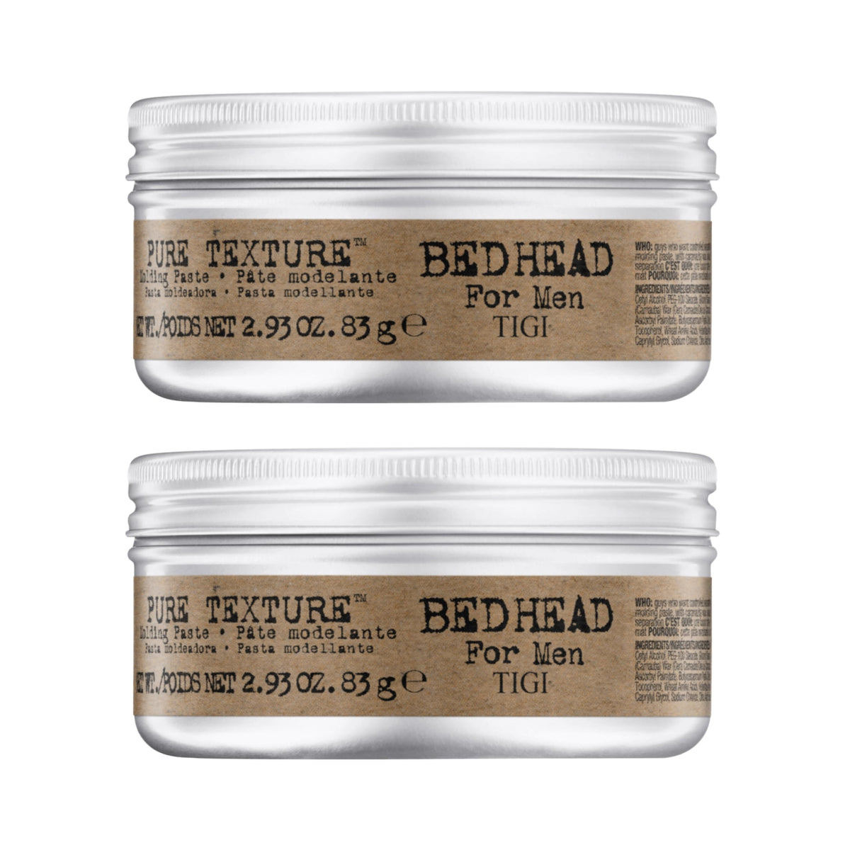 Bed Head Pure Texture Molding Paste pack closeup showing matte finish and texture control.