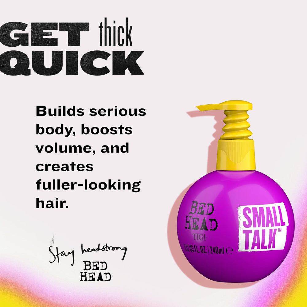 Bed Head Small Talk mini 3-in-1 application on damp hair eases styling and lift.