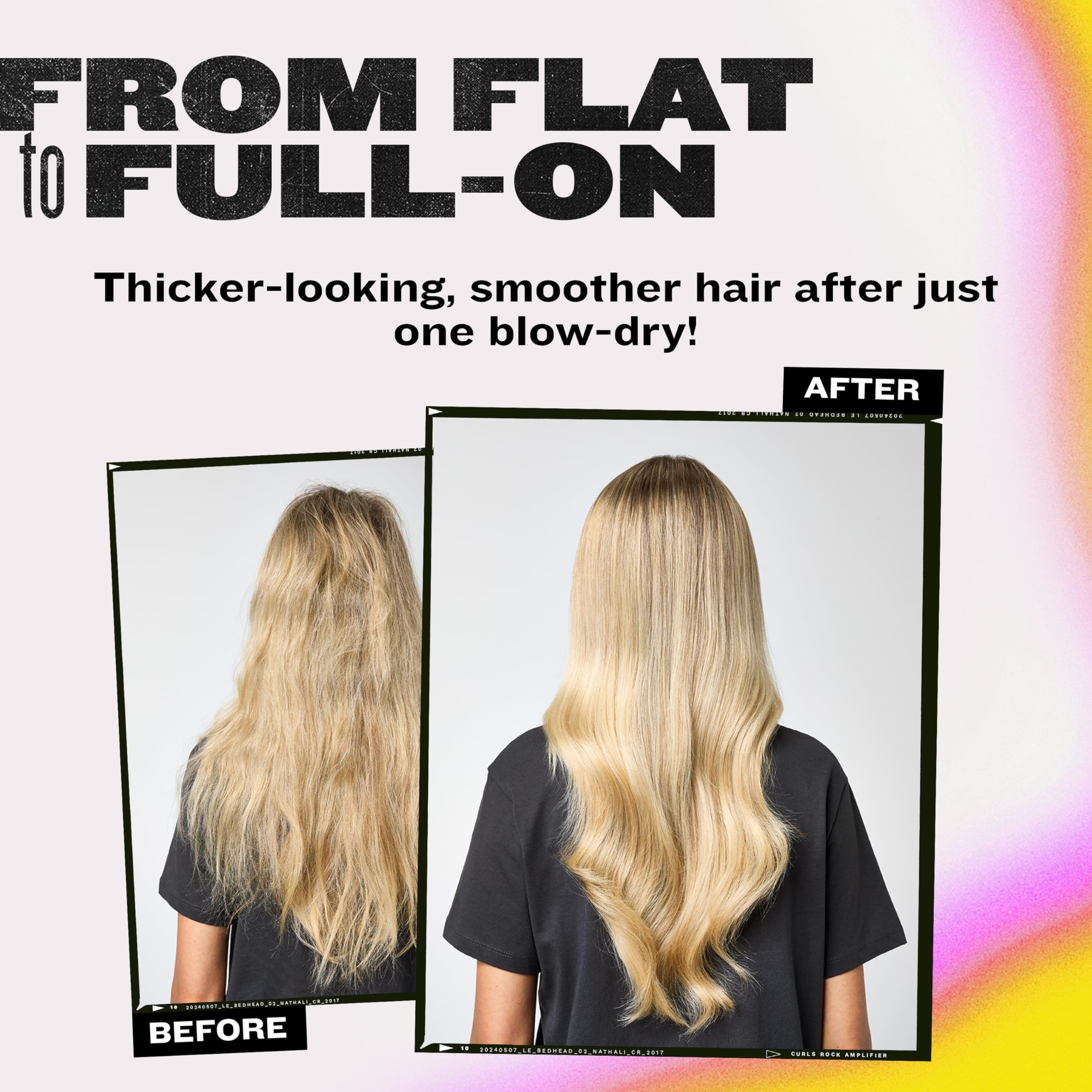 Bed Head Small Talk mini 3-in-1 volume shot demonstrates added fullness.