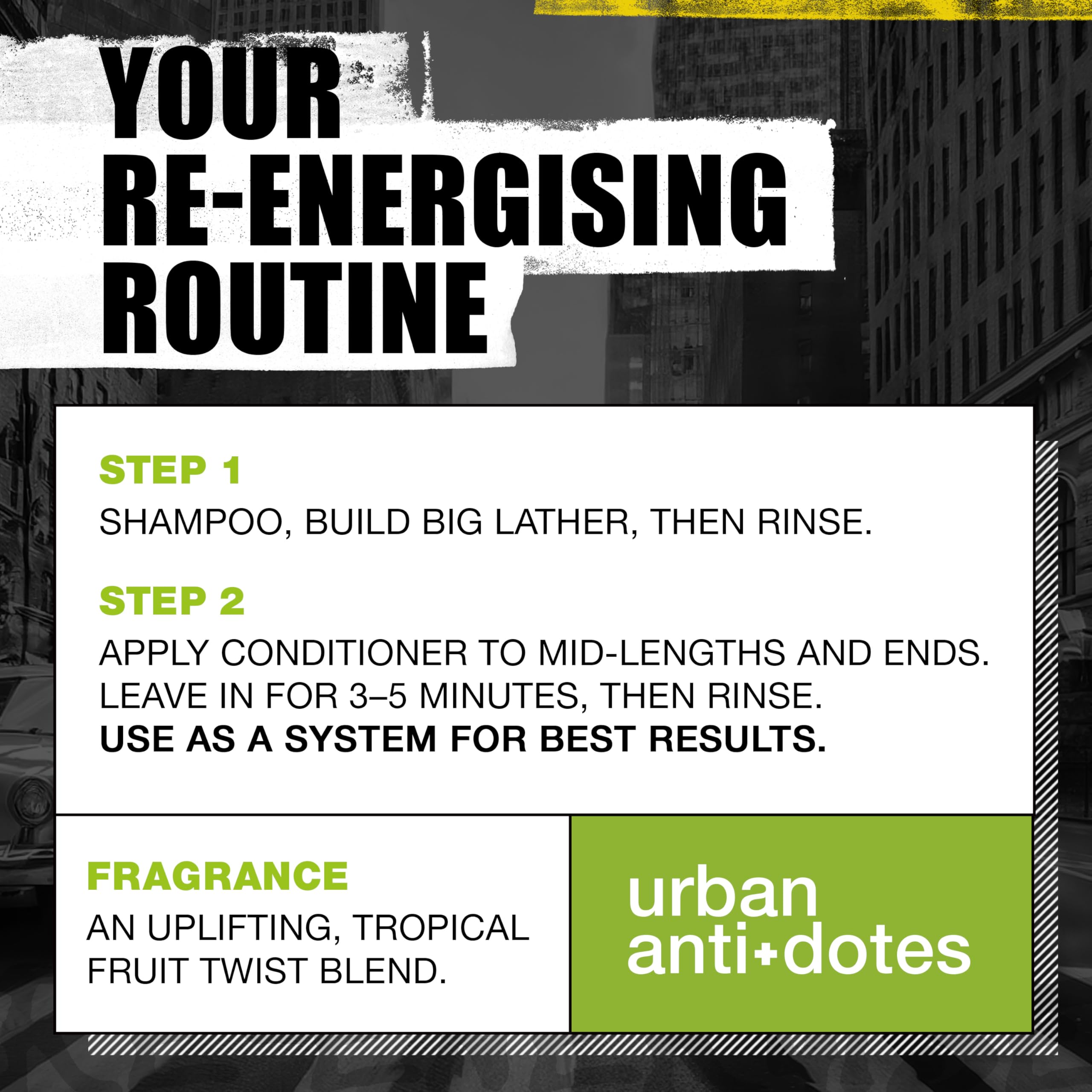 Bed Head Urban Antidotes packaging shows 750ml bottles for long-lasting use